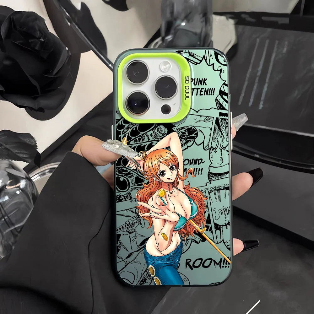 O-One P-PieceS N-Nami Phone Case For iPhone 16 15 14 13 12 11 Pro Max Black Matte Multicolor Laser Metallic Aurora Cover