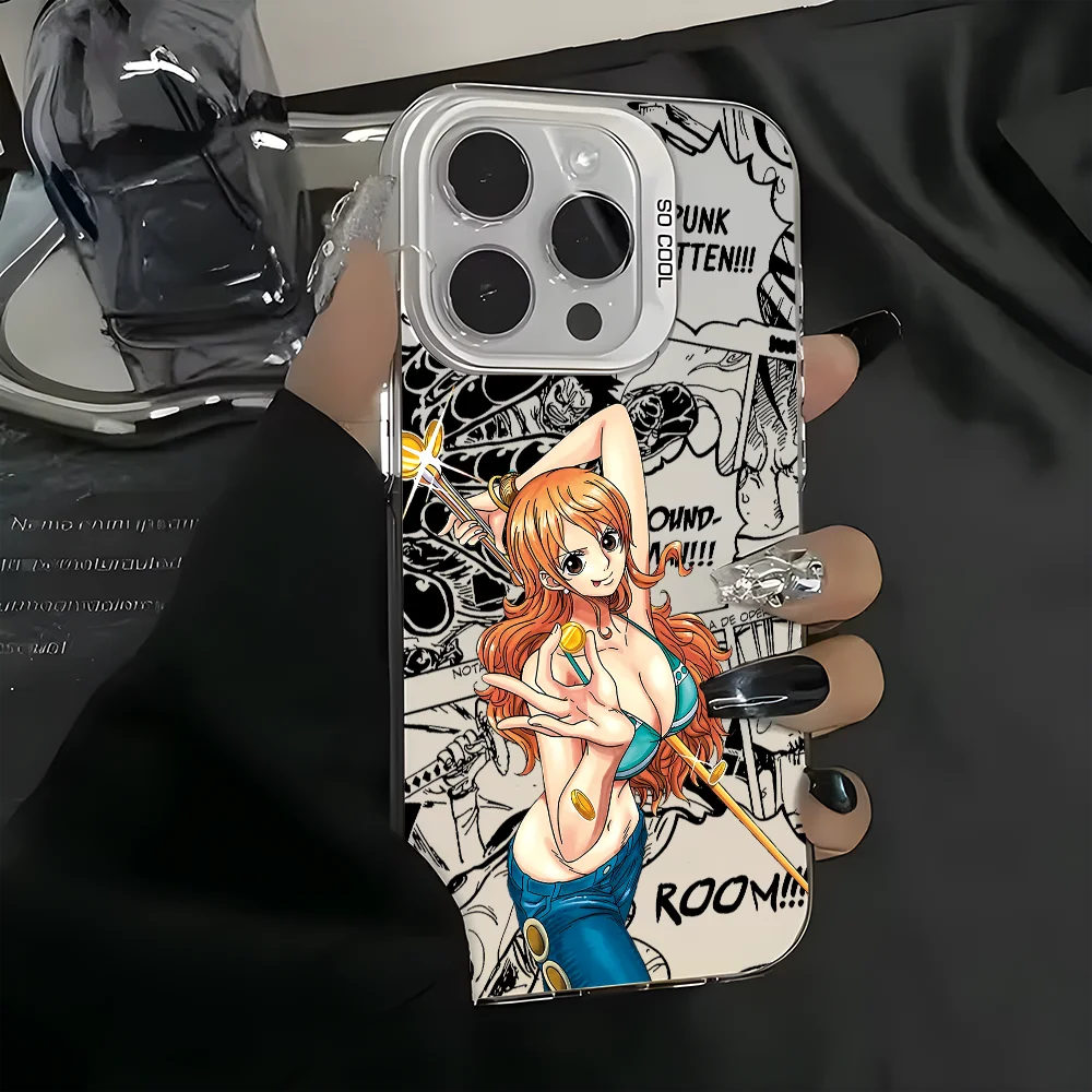 O-One P-PieceS N-Nami Phone Case For iPhone 16 15 14 13 12 11 Pro Max Black Matte Multicolor Laser Metallic Aurora Cover