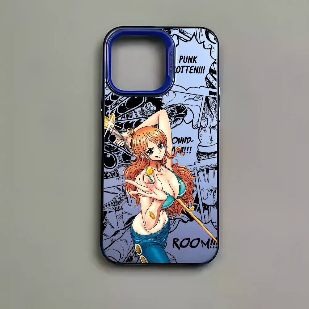 O-One P-PieceS N-Nami Phone Case For iPhone 16 15 14 13 12 11 Pro Max Black Matte Multicolor Laser Metallic Aurora Cover