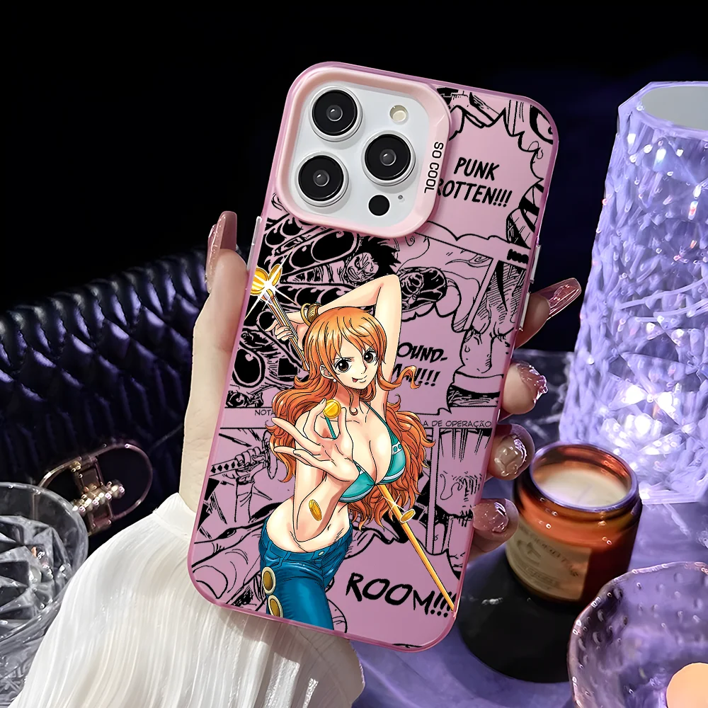 O-One P-PieceS N-Nami Phone Case For iPhone 16 15 14 13 12 11 Pro Max Black Matte Multicolor Laser Metallic Aurora Cover